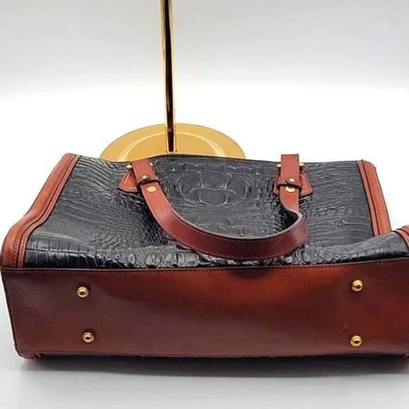BRAHMIN Black Croc Embossed Crox Leather Shopper's Tote Cognac Leather Strap - Picture 13 of 15